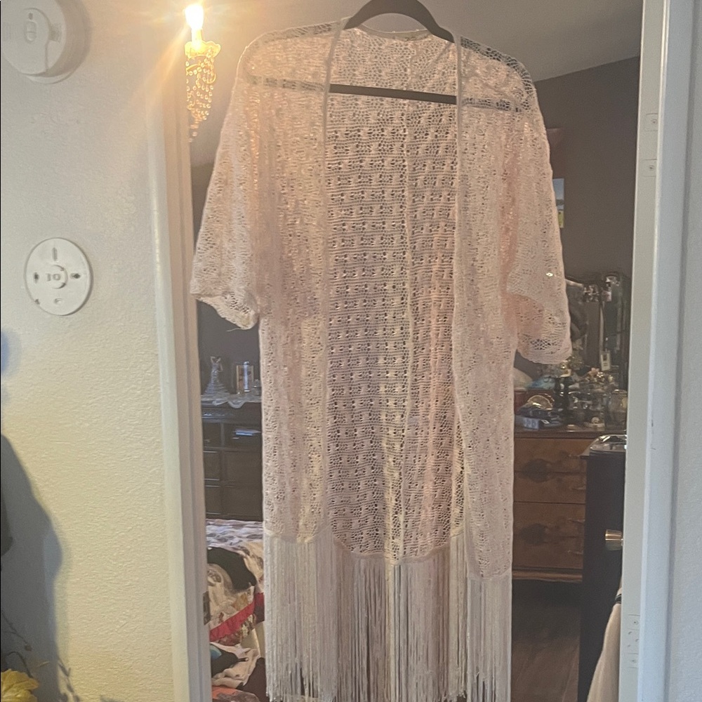Liberty Love Blush Pink Crochet Fringe Kimono Cardigan